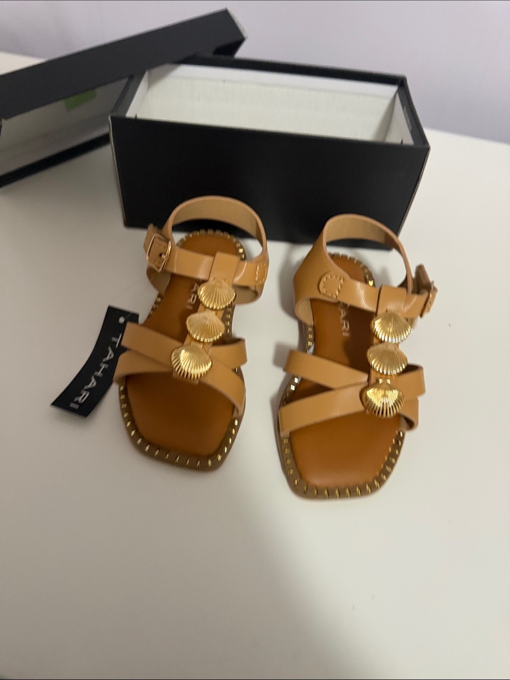 Tahari Tan Sandals with Gold Shell Accents